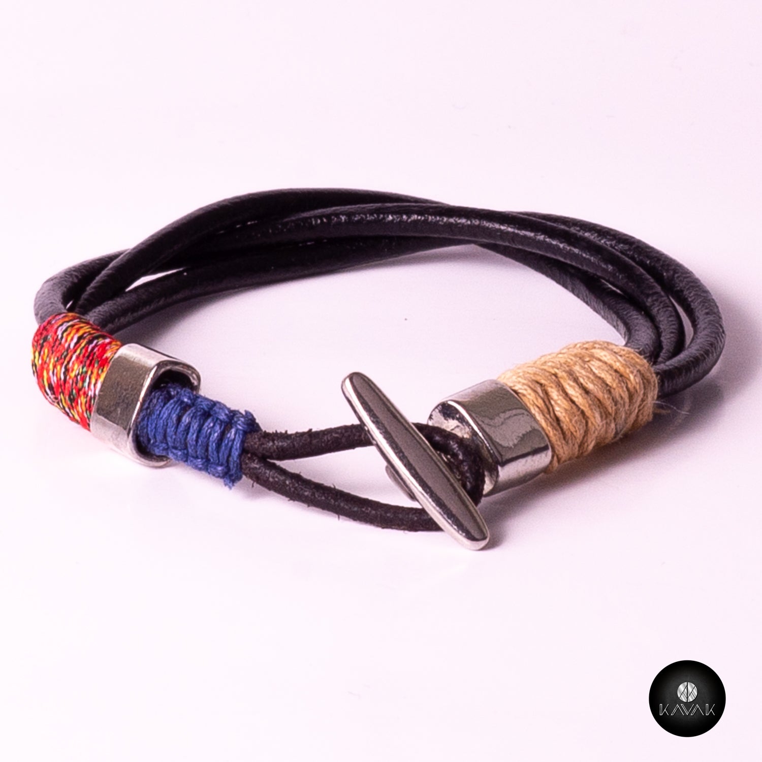 Kavak handmade braided blue white leather cords adjustable men's bracelet