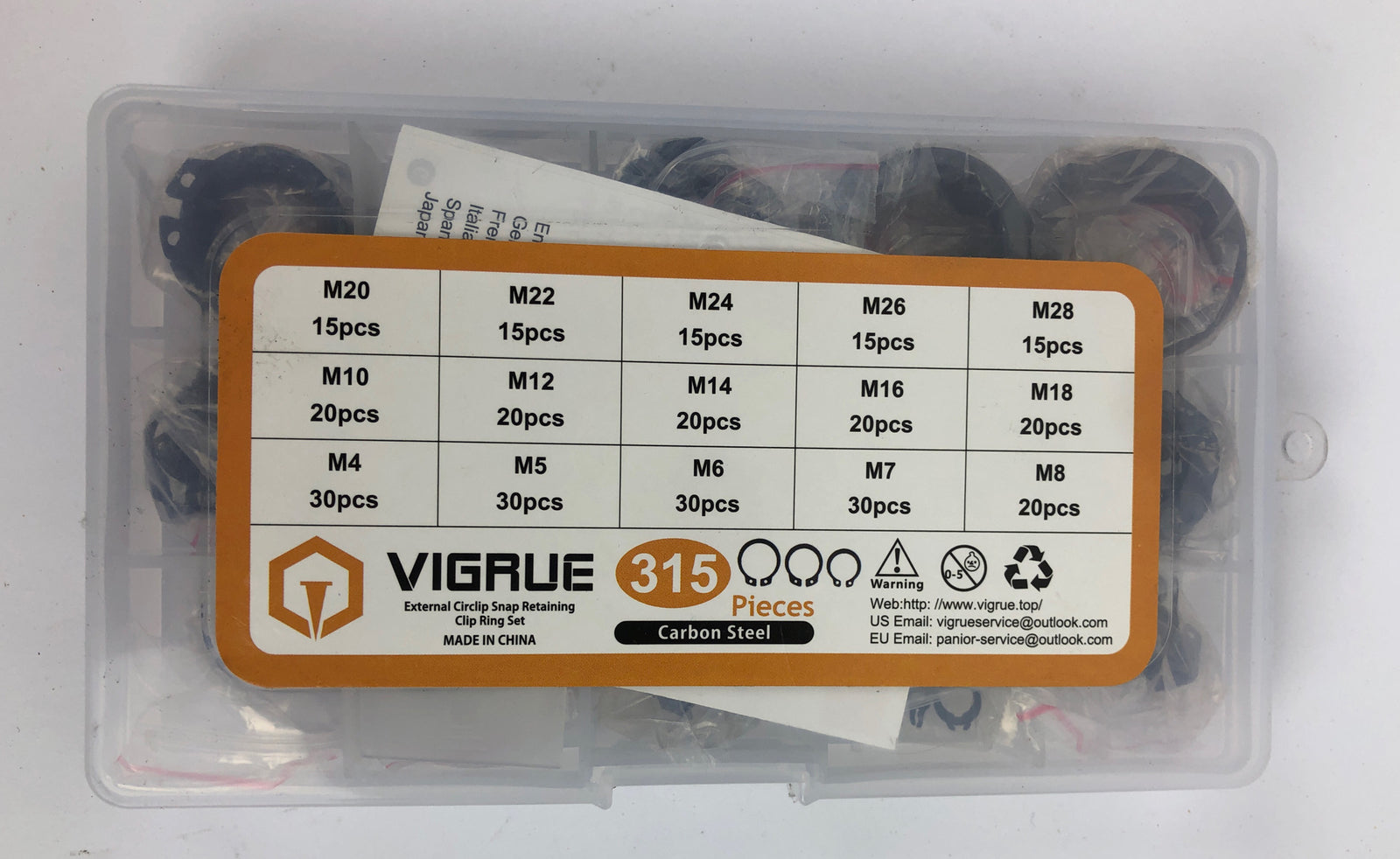 VIGRUE 315 Pieces External Circlip Snap Retaining Clip Ring Set Carbon Steel