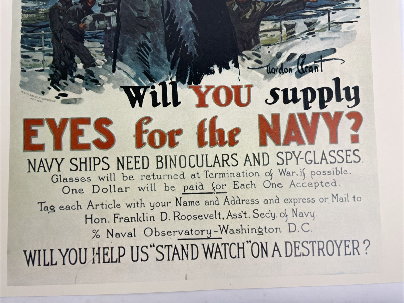 U.S.A Navy Recruitment Poster WILL YOU SUPPLY EYES - MILITARY 16"x20" Vintage