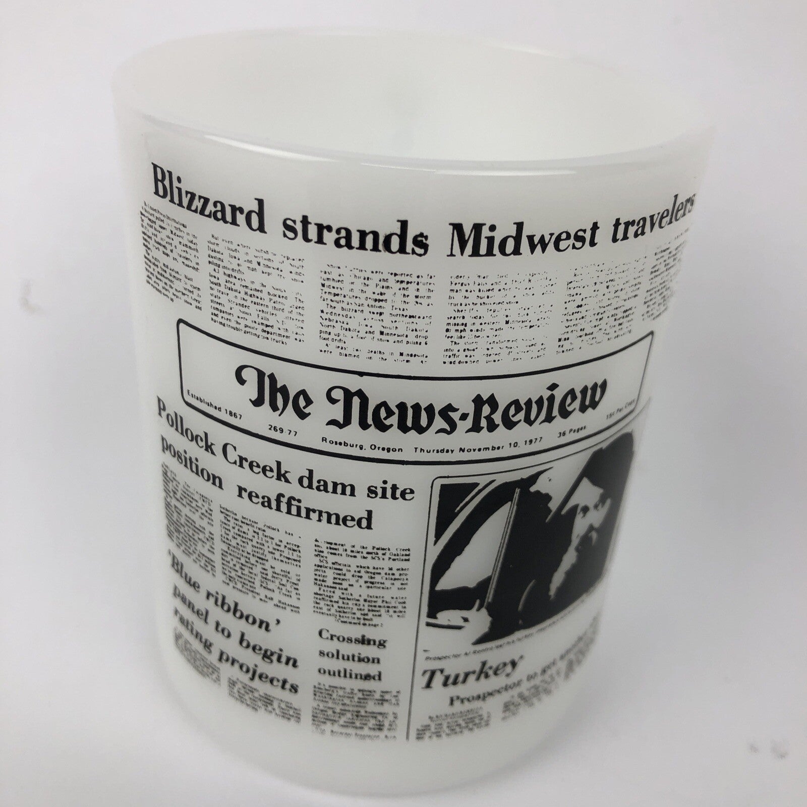Vintage Federal Glass Milk Glass Mug Coffee Cup USA Midwest News Review Print