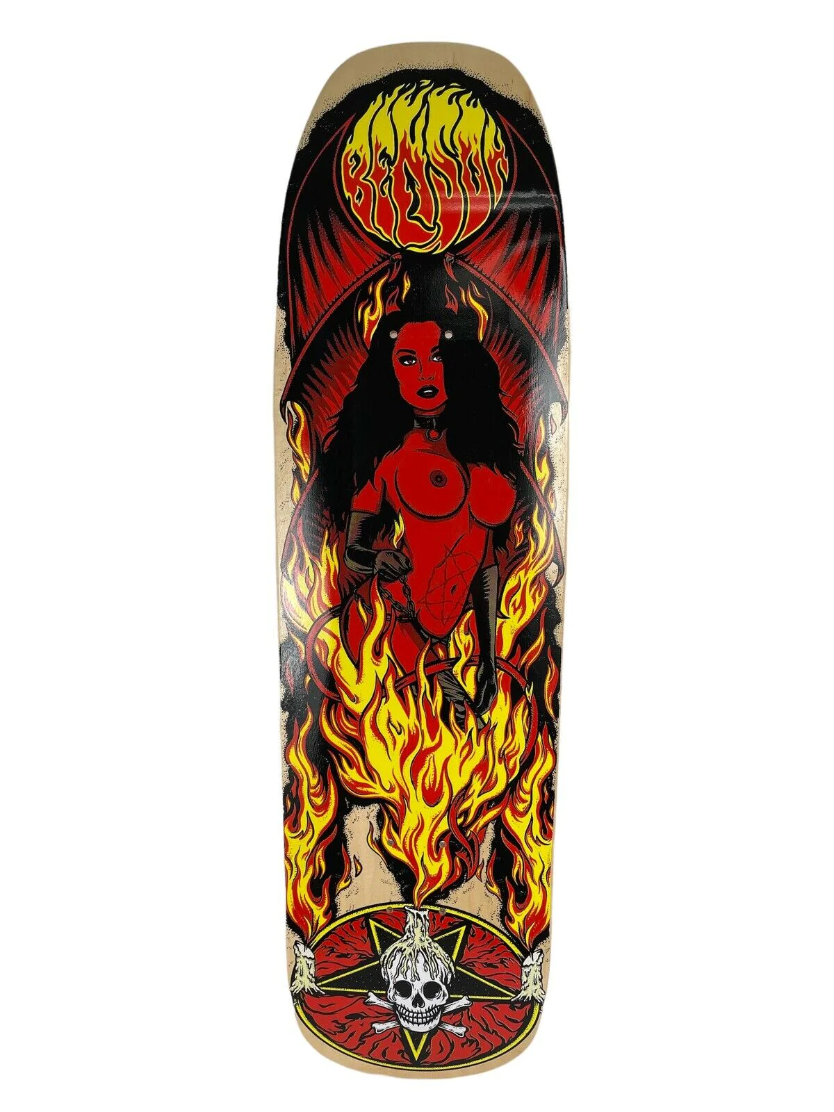 Death Skateboards Benson Red Devil Woman Pro 9-inch shovel pool skateboard deck with free grip tape and premium Canadian maple construction.