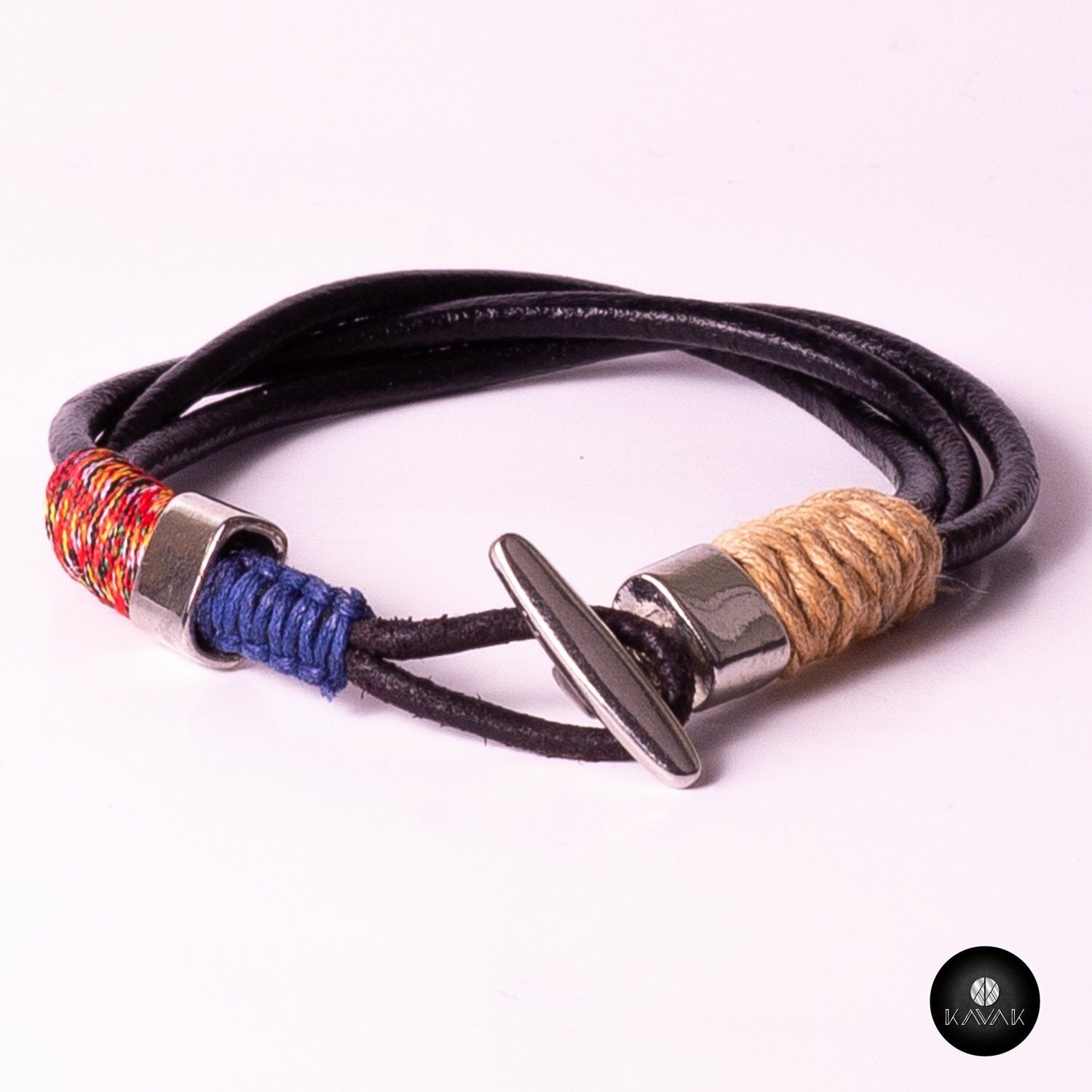 Kavak handmade braided blue white leather cords adjustable men's bracelet