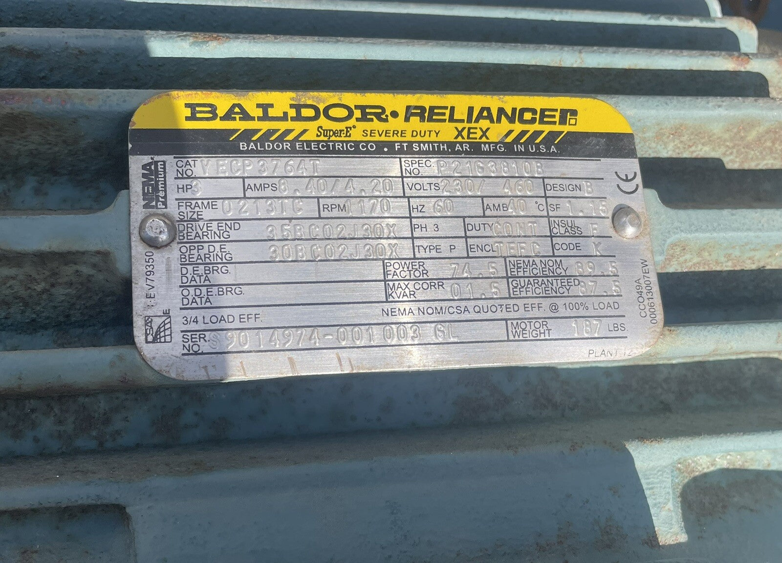 Baldor VECP3764T 3HP, 1165RPM 3PH, 460V 230V 213TC Frame C-Face Flange motor
