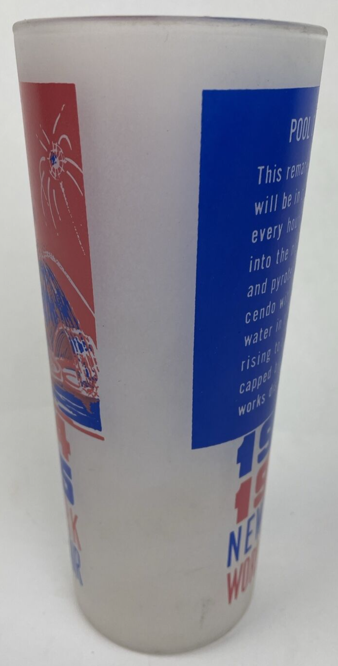 Vintage 1964–1965 New York World's Fair Pool of Industry souvenir glass with red white and blue graphics.
