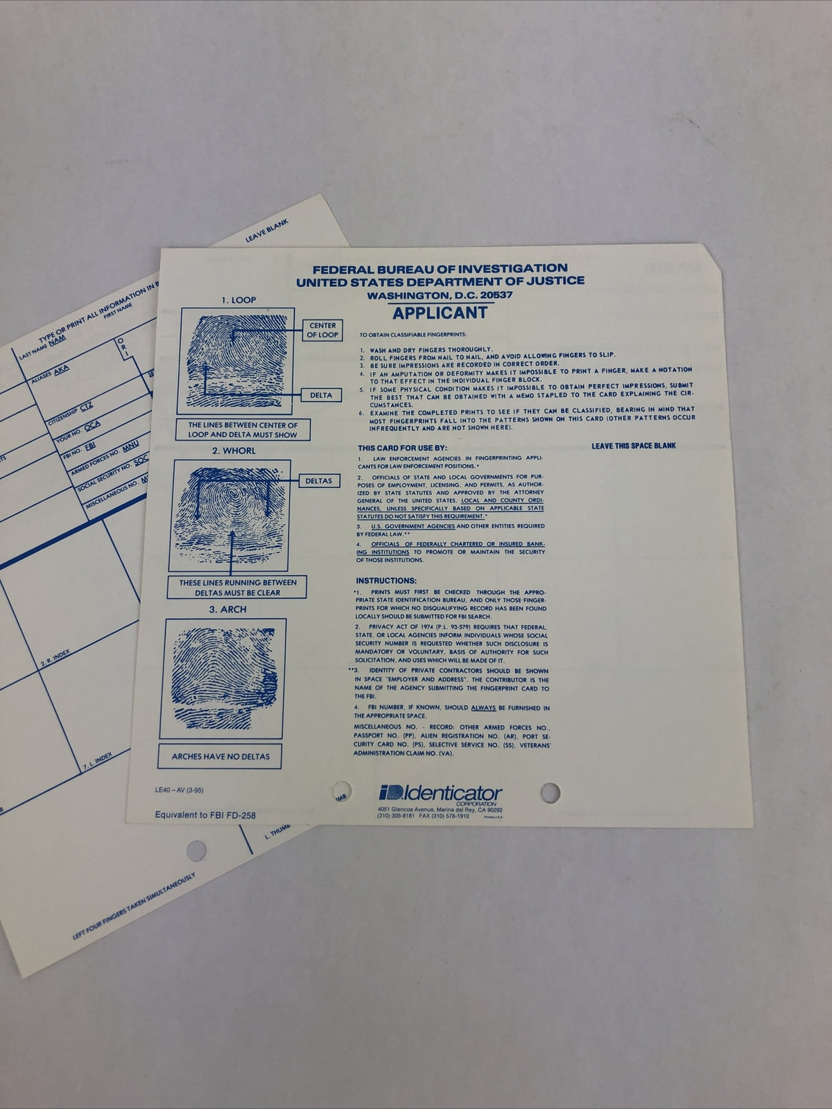 FBI FD-258 Fingerprint Card set of two for federal job applicants - FREE SHIP
