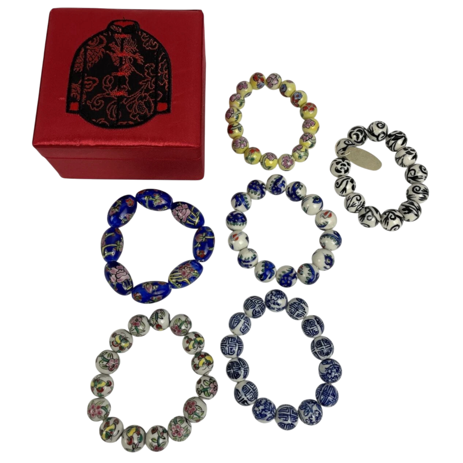 6 Vintage Porcelain Stretched Bracelets China East Asian Hand-Painted Beads