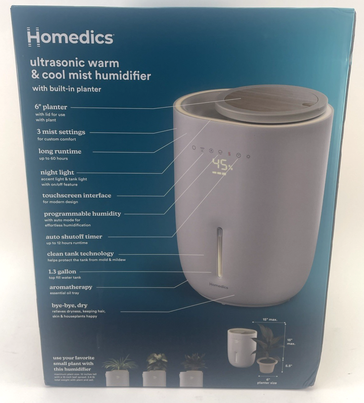 Homedics Natura Ultrasonic Warm & Cool Mist Humidifier 1.3-Gal for Taupe Planter