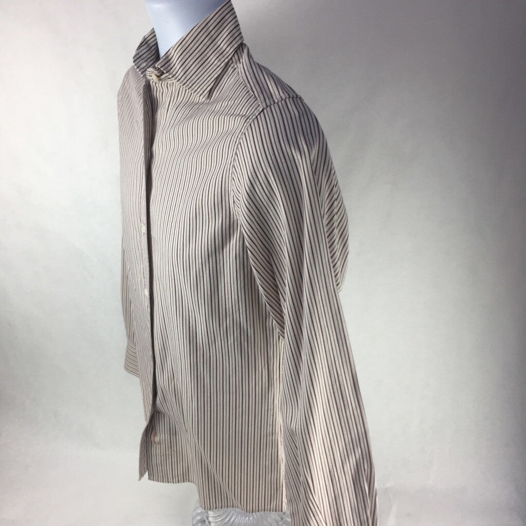 Faconnable Mens Button Front Shirt Ivory Brown Stripe Long Sleeve 100% Cotton XS
