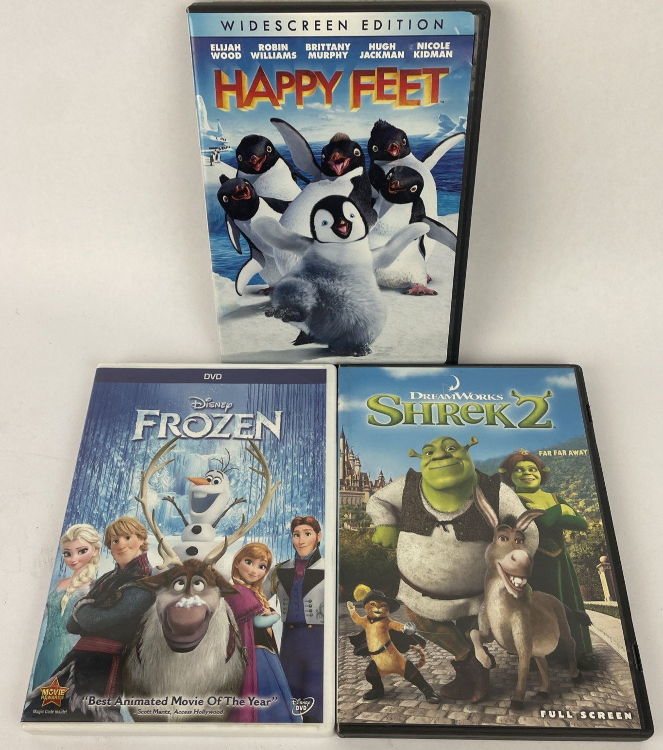 Lot of 3 x Disney DreamWorks DVD Video (s) - Shrek 2 - Happy Feet - Frozen