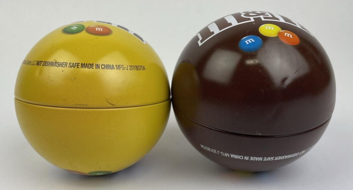 Lot of 2 x M&M Chocolate & Peanut METAL BALL CHRISTMAS ORNAMENT Empty -Rare Find