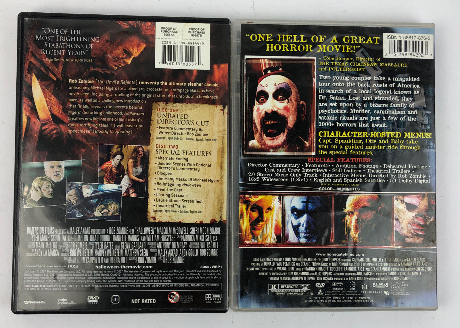 2 x Rob Zombie DVD Movie Collection. Halloween, House of 1000 Corpses * VGC *