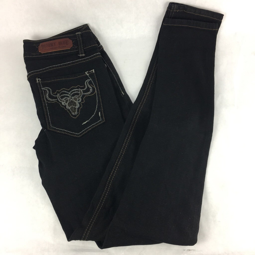 Desert Blue Womens Skinny Jeans Black Embroidery Bull Head Zipper Stretch 26 New