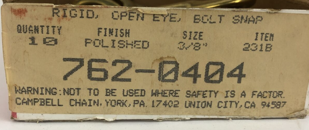 Campbell Bolt Rigid Open Eye Snap 5/8 "T7606021 Pack of 10 Campbell 762-0404