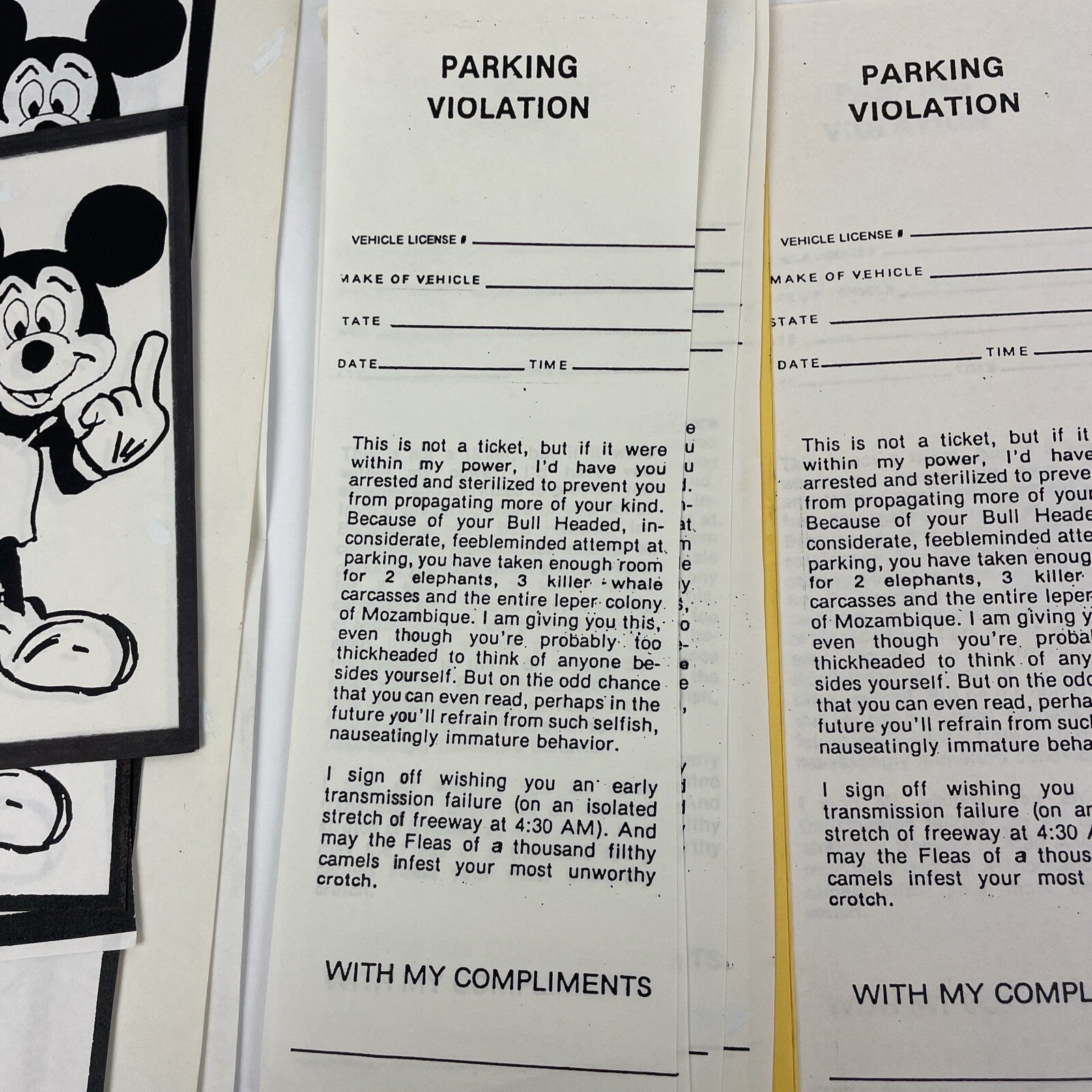 Vintage Funny Novelty Prank Bad Parking Cards and Citations Mickey Mouse LOOK