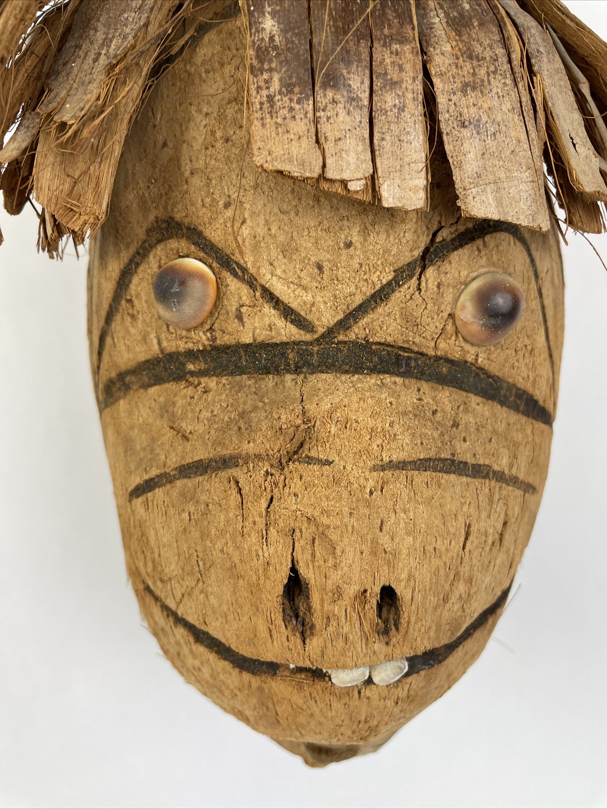 Coconut Carved Hand Made Tribal Native Head Decor Wall Hanging Shell Eyes Creepy