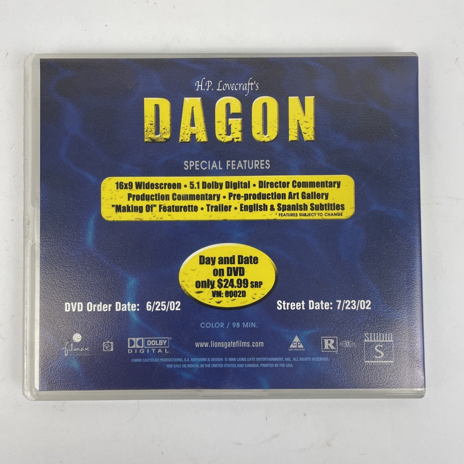 H.P. LOVECRAFT'S DAGON (DVD, 2001) HORROR FANTASY Stuart Gordon Screen Writer