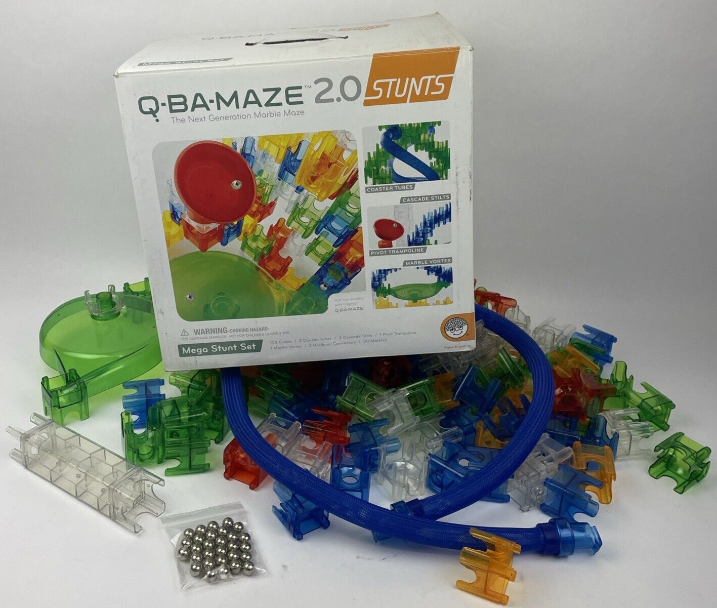 Q-BA-MAZE 2.0 Stunt Tower 114 Assorted Pieces 29 Marbles Replacement Cubes Build