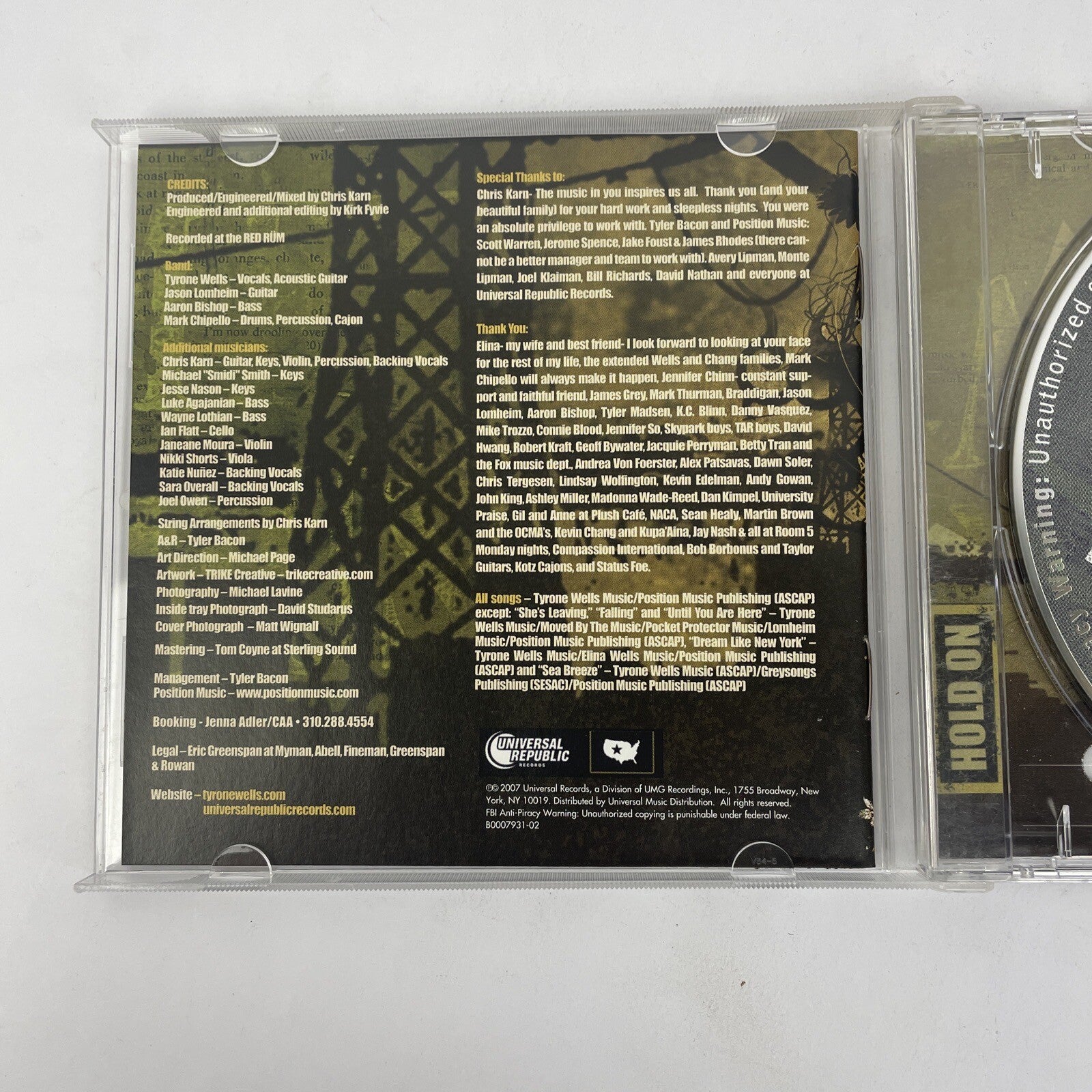 Tyrone Wells - Hold On - (Digital Audio CD 2007 Universal Records PROMO