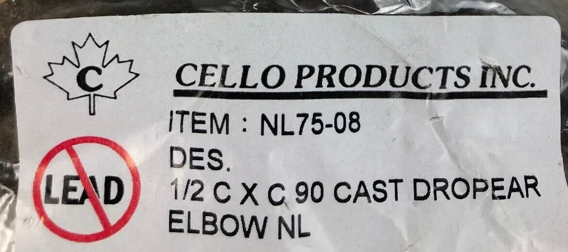 Cello Products 1/2 C X C 90 CAST DROPEAR ELBOW NL