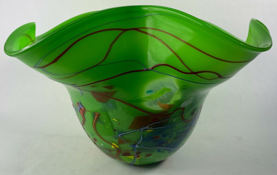 Beautifully Designed Glass Decorative Crafted Bowl Length 23" 12" Tall Green Red
