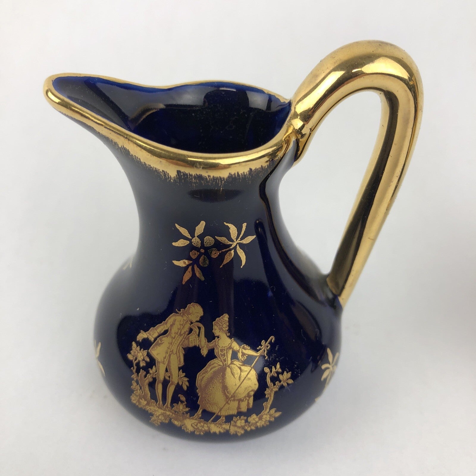 2 x Limoges Cobalt Blue Gold Courting Couple Fragonard Signed Mini Pot 3.5" LOOK