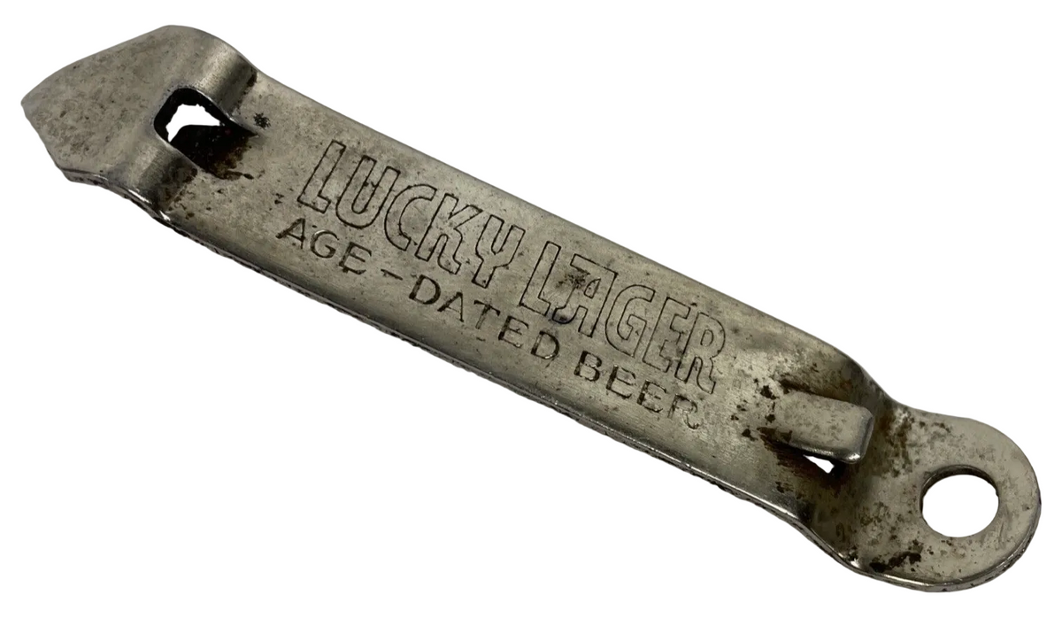 Vintage Lucky Lager Can Beer Bottle Opener "IT'S LUCKY When You Live in America"