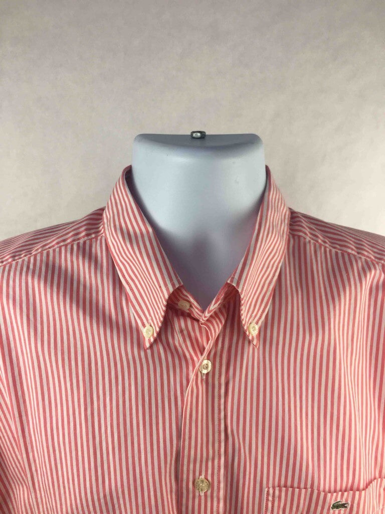 Lacoste Mens Button Down Shirt White Coral Striped Long Cuffed Sleeves Pocket 22