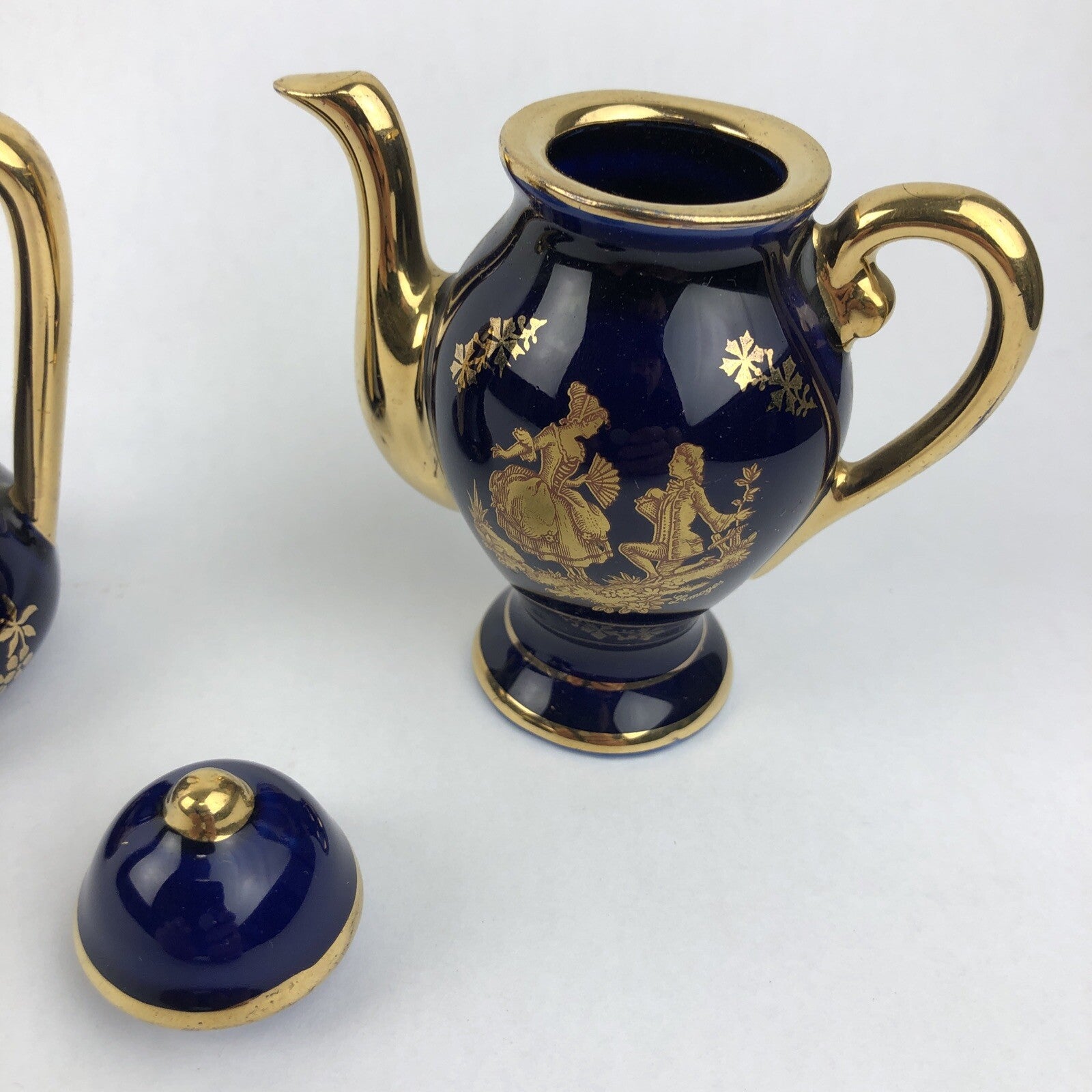 2 x Limoges Cobalt Blue Gold Courting Couple Fragonard Signed Mini Pot 3.5" LOOK
