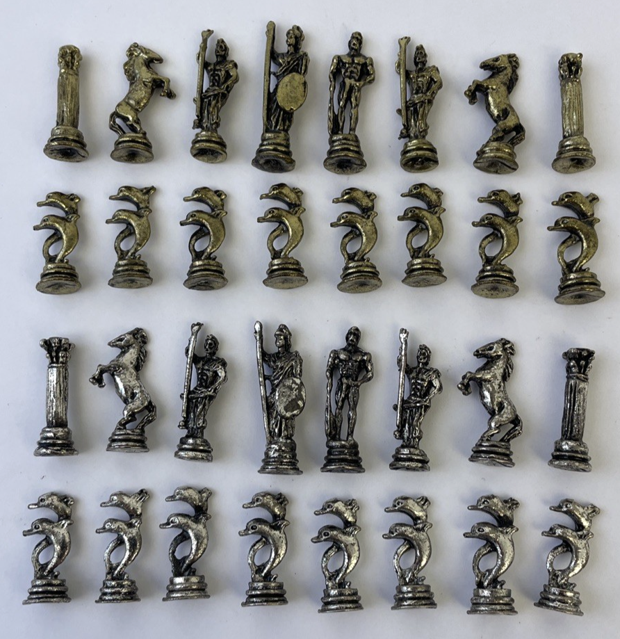 Vintage Miniature Neptune Fantasy Theme Pewter Chess Pieces Full Set Gold Silver