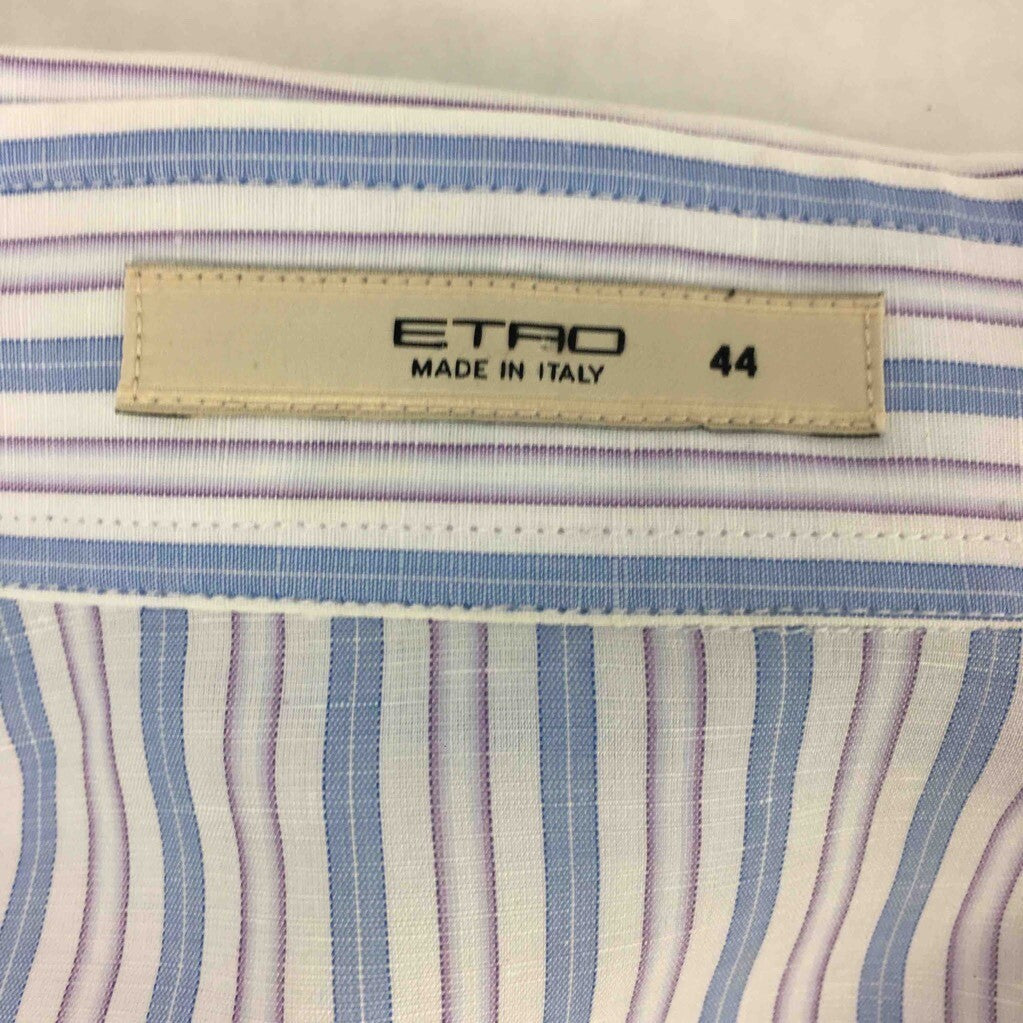 Etro Milano Button-Front Shirt White Blue Striped Long Barrel Cuffed Sleeves 44
