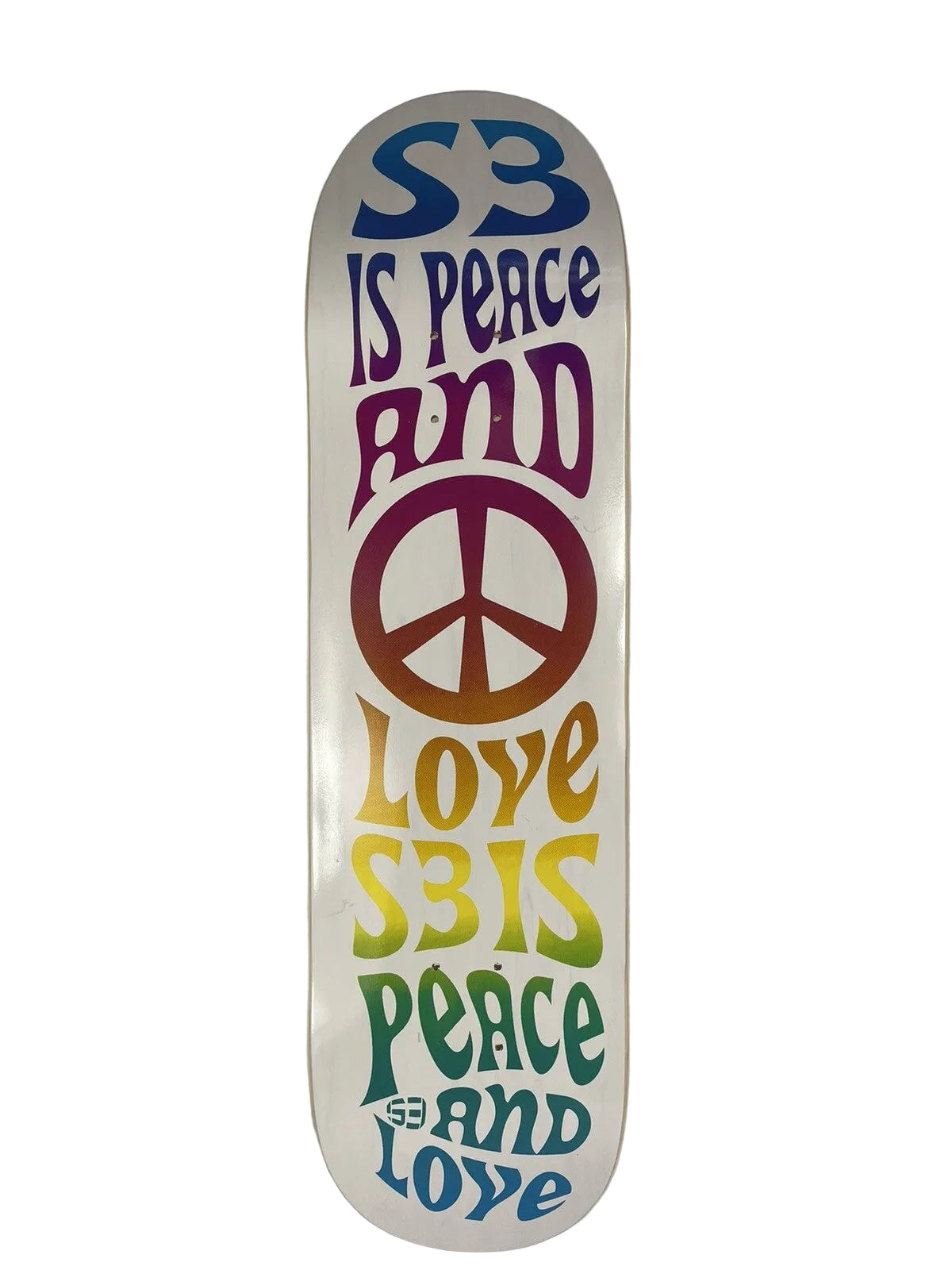 Peace and Love S3 Skateboards 8.5-inch hard rock maple skateboard deck with colorful graphic.