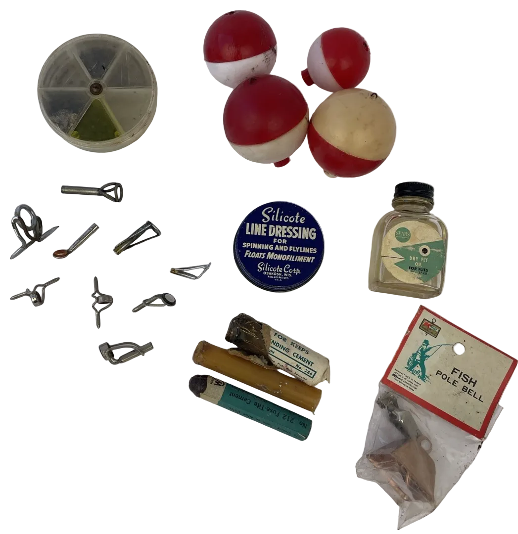 VINTAGE Fishing Lot SEARS Dry Fly Oil Silicote Line Dressing, Guide Glue, Guides