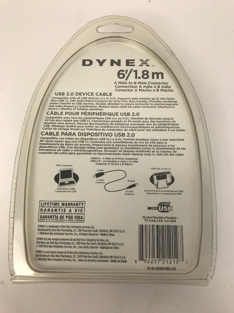 New Dynex USB 2.0 Device A Male to B Printer Cable w Gold Plated Connectors 6'