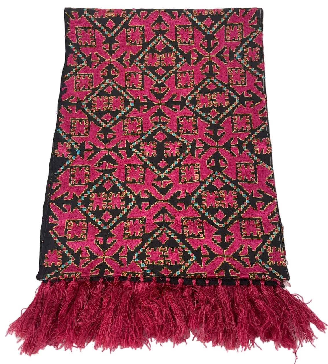 Vintage South Asian Silk Swati Textile Hand Embroidery Magenta Black 76" x 13.5"