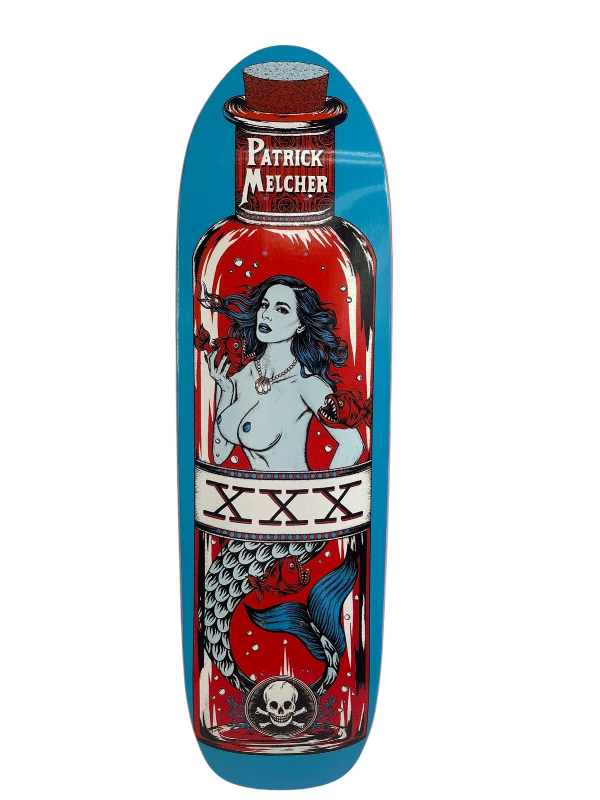 Death Skateboards Patrick Melcher Blue Mermaid 9-inch pool shape skateboard deck with free grip tape and free shipping.