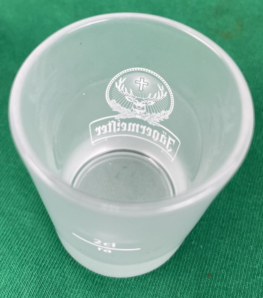 Rare vintage Jägermeister frosted 2cl shot glass with RA M11 0113 marking.
