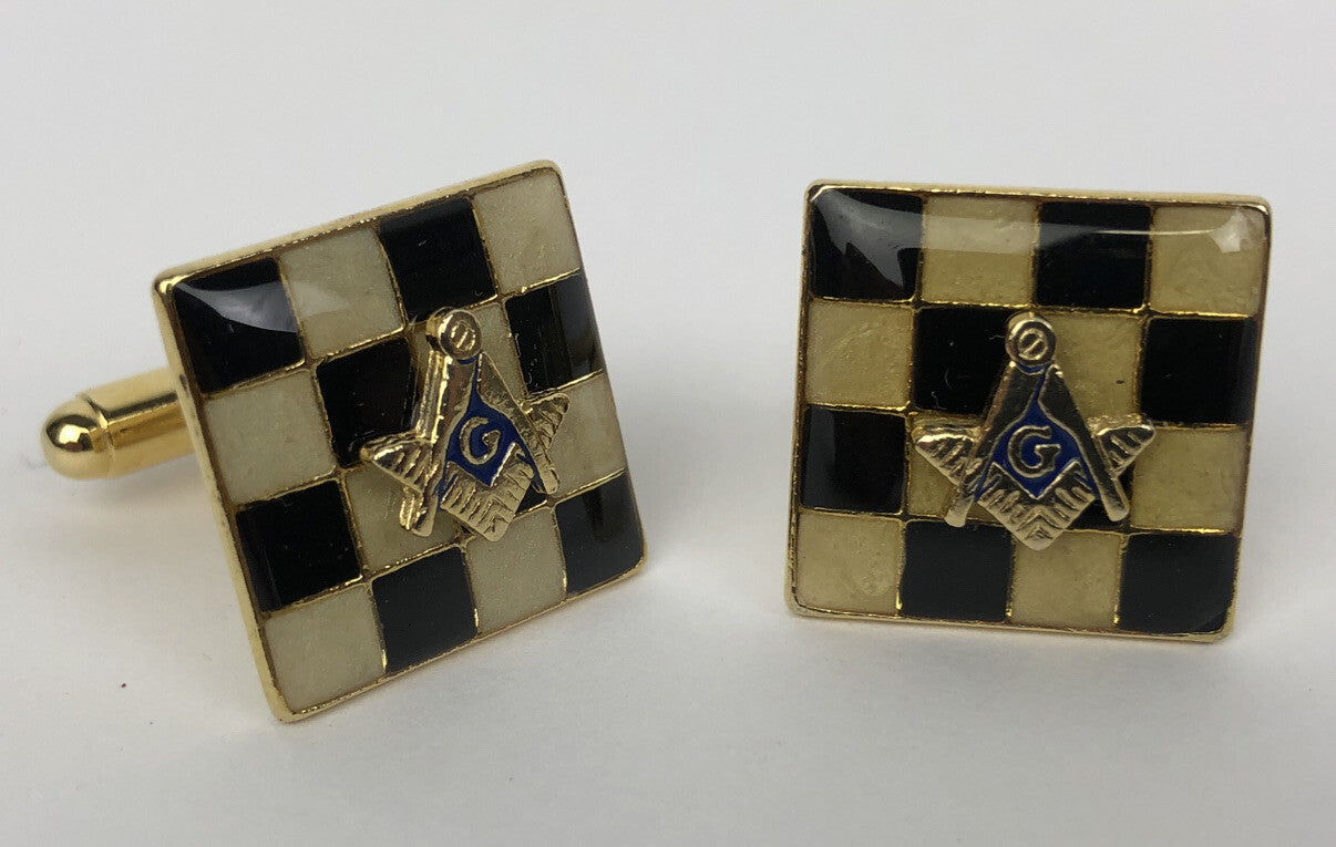 Vintage Checker Board Freemason Masonic Square & Compass Cufflinks In Gold Tone