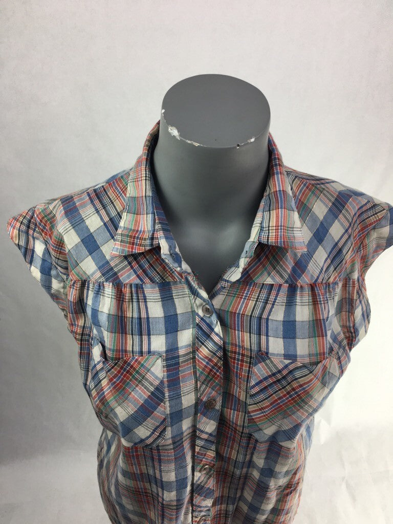 Ricki Miss Erika Womens Button Up Shirt Blue Red Plaid Cap Sleeves Pockets Top S