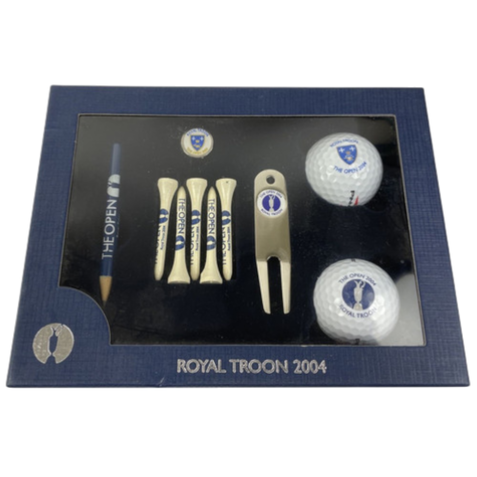 2004 The Open Royal Troon Golf Box Set 2 Balls Tees Divot Tool Marker Pencil NIB