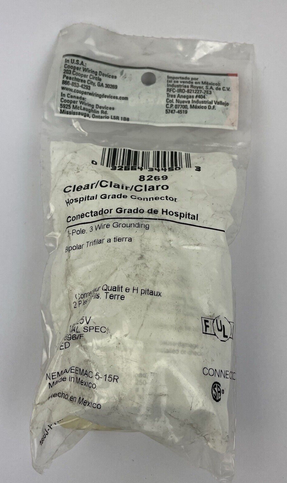 Cooper Wiring 8269 Hospital grade 2-pole 3-Wire Grounded Connector, 15 Amp Clear