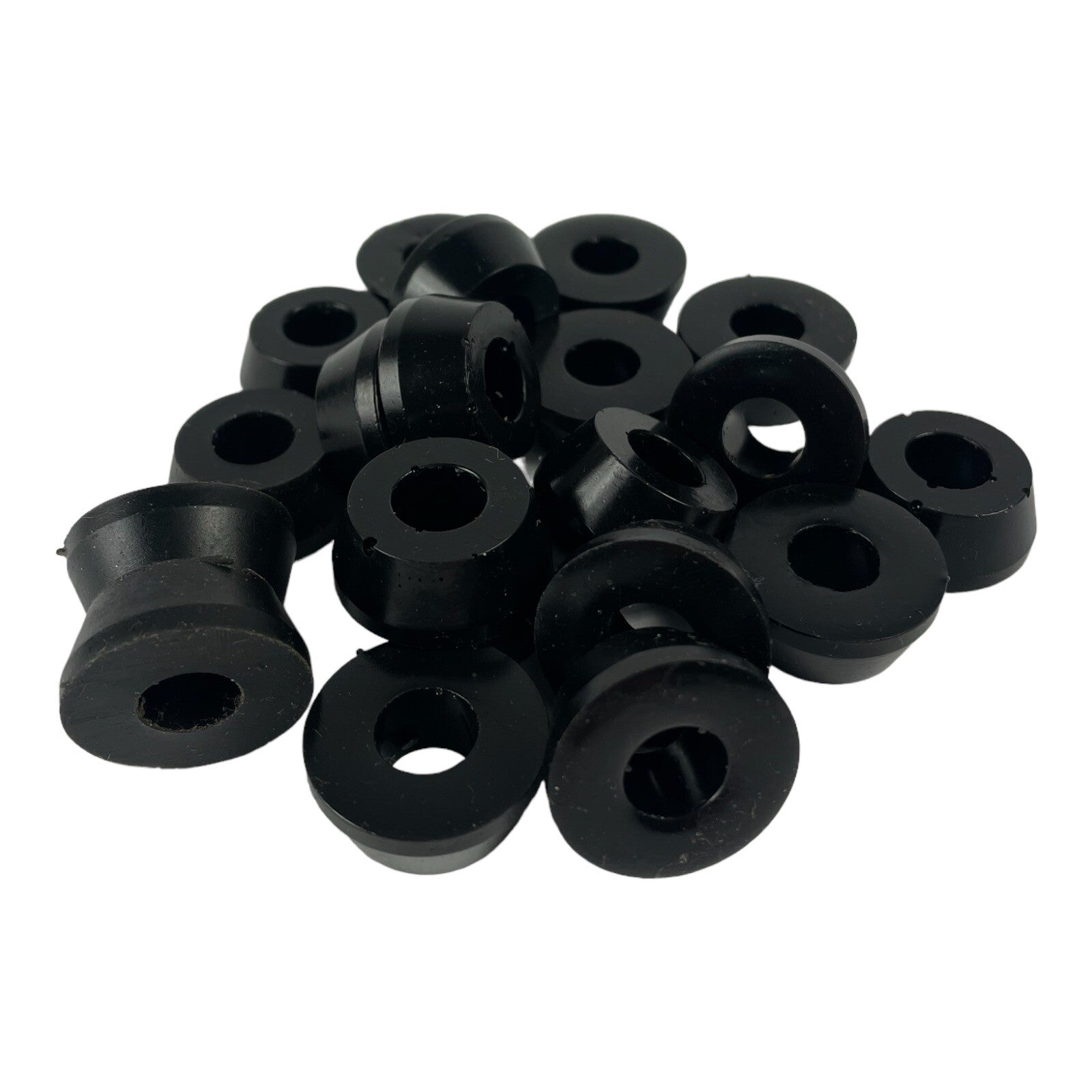 Black skateboard truck upper replacement bushings bulk kit with 20 polyurethane pieces for standard skateboard trucks.