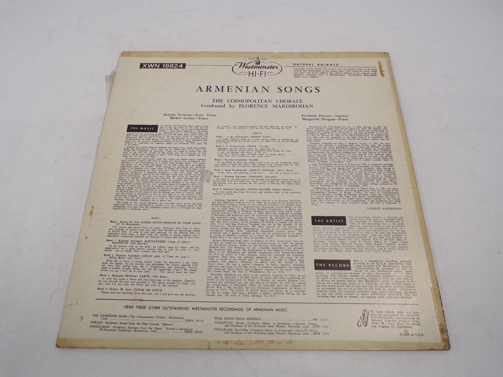Armenian Songs The Cosmopolitan Chorale Florence Mardirosian Vinyl Record