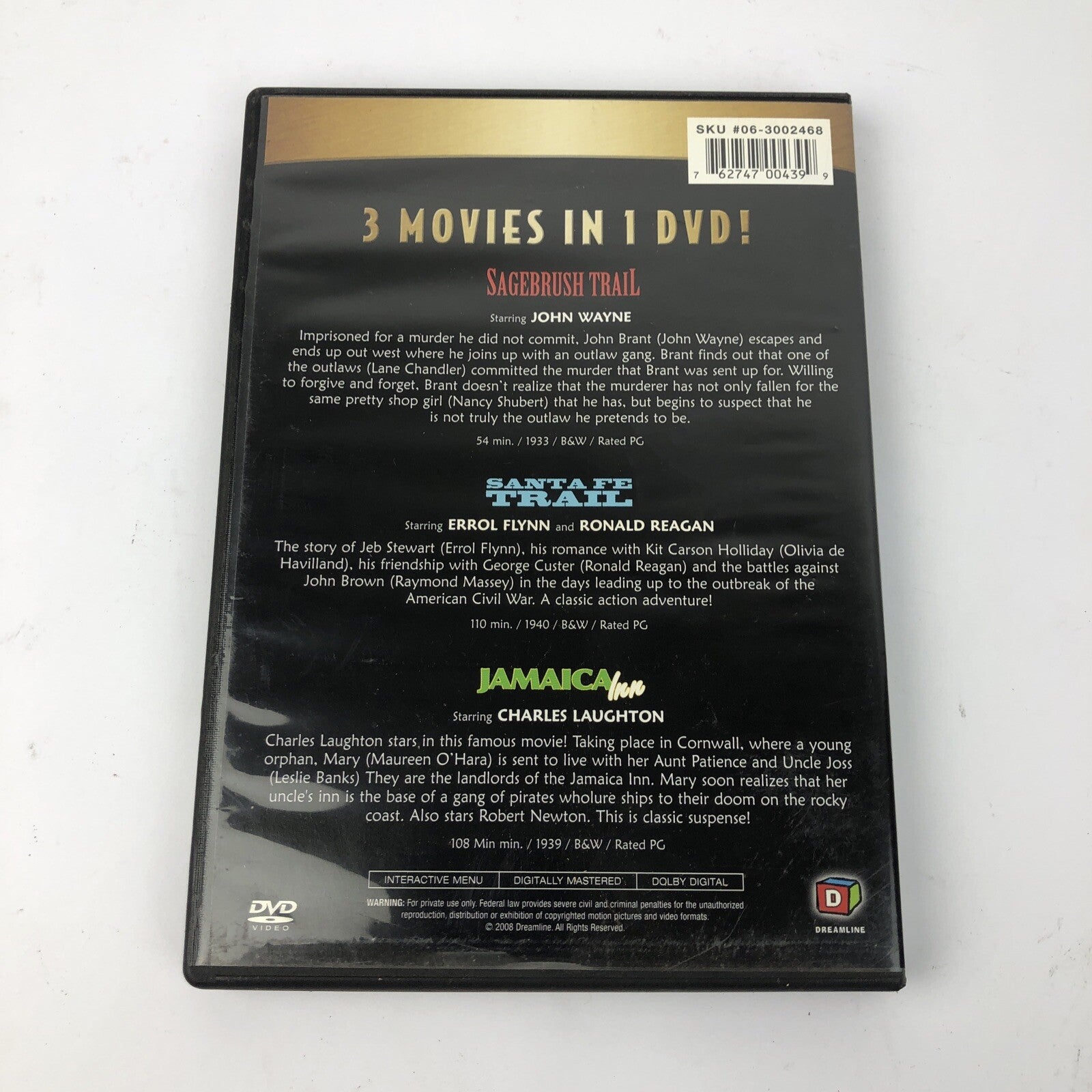 3 x Features DVD * Sagebrush Trail * Santa Fe Trail * Jamaica Inn John Wayne VGC