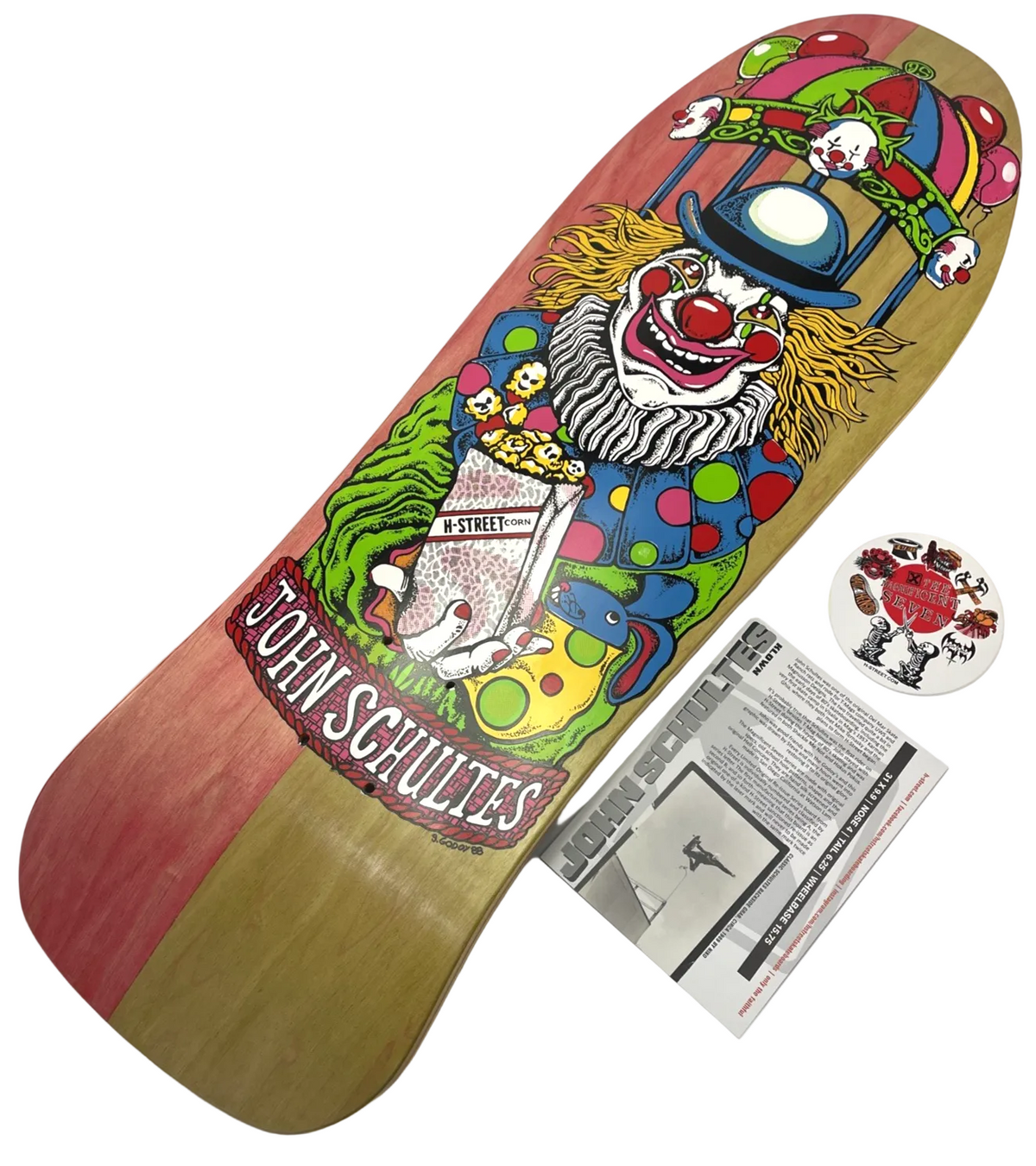 H-Street John Schultes A Series Clown skateboard deck #04 of 136 pink green blue veneer
