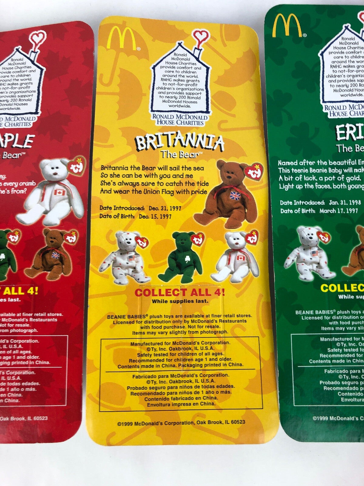 Ty 1999 McDonalds TBB International Bears 4 pc set Glory Britania Erin & Maple