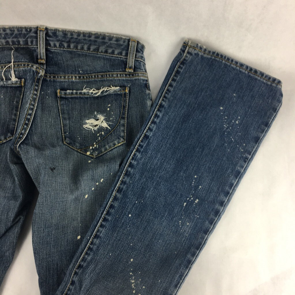 Paper Denim & Cloth Womens Ripper Jeans Blue Paint Splatter Distressed Cotton 26