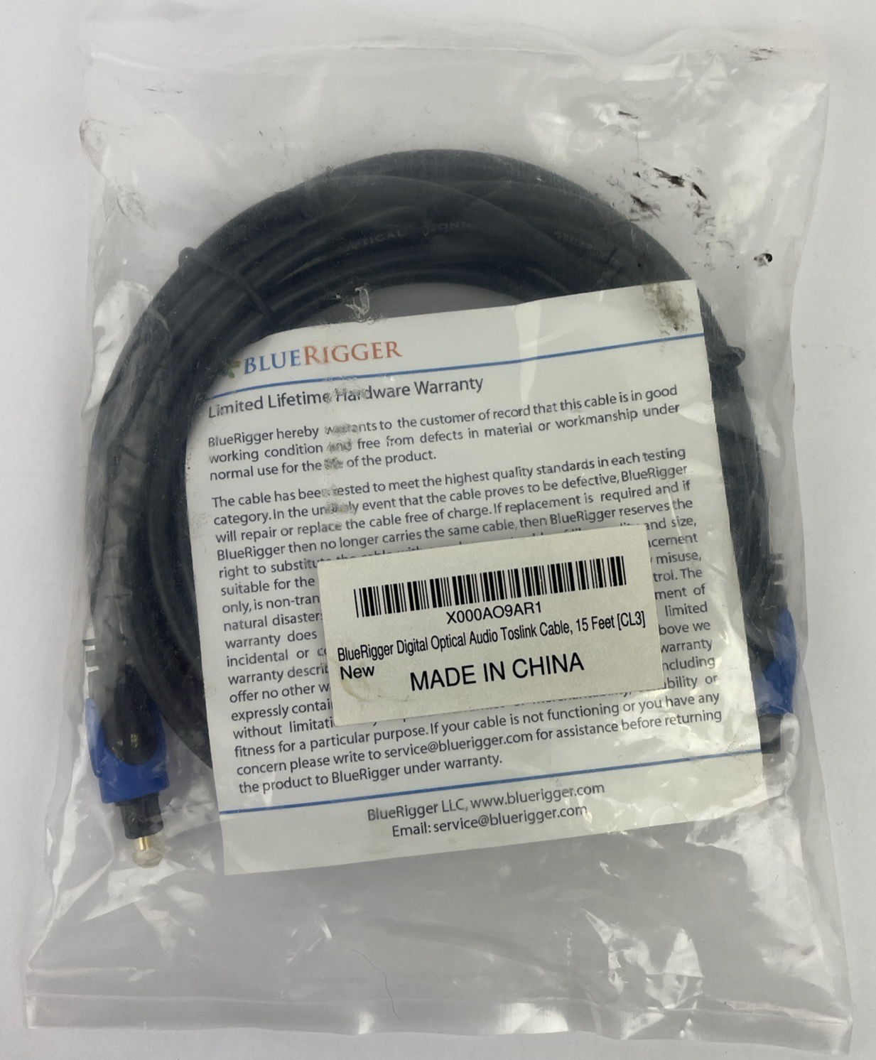 BlueRigger Digital Optical Audio Toslink Cable 15' Fiber Optic Cable CL3 Rated