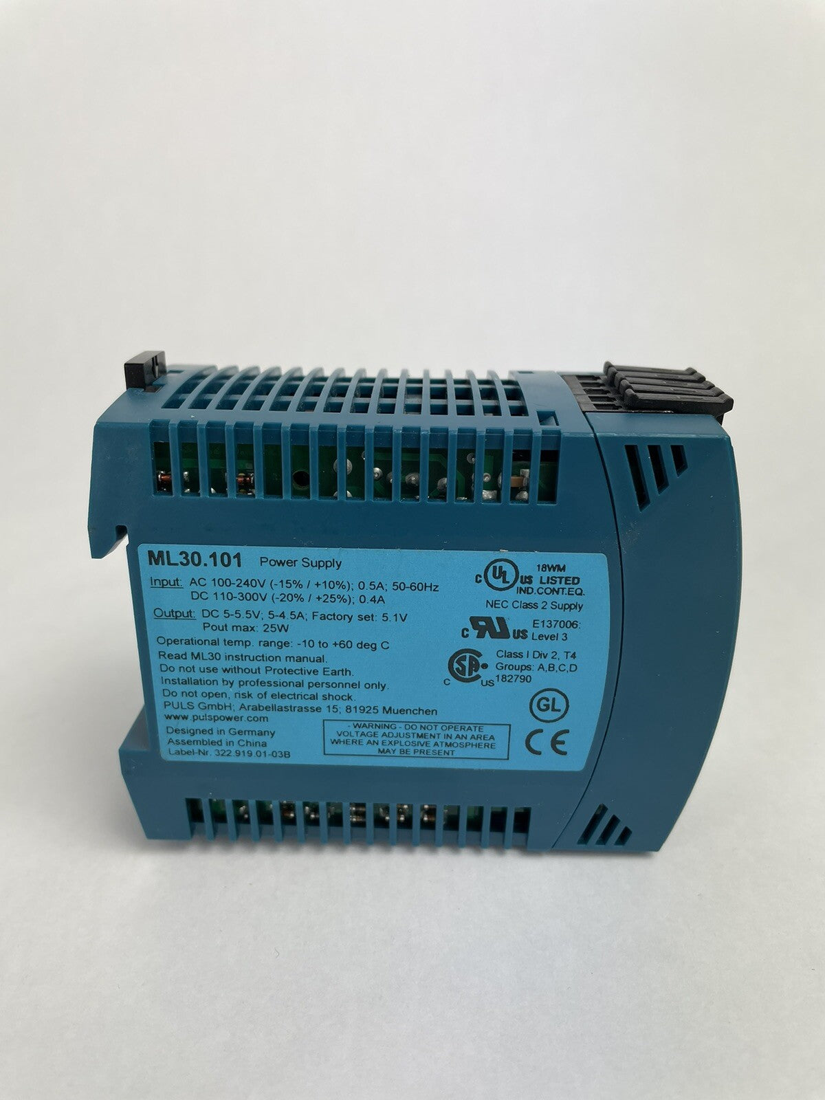 PULS ML30.101 POWER SUPPLY 25 WATT 100-240VAC INPUT 5-5.5VDC OUTPUT NNB