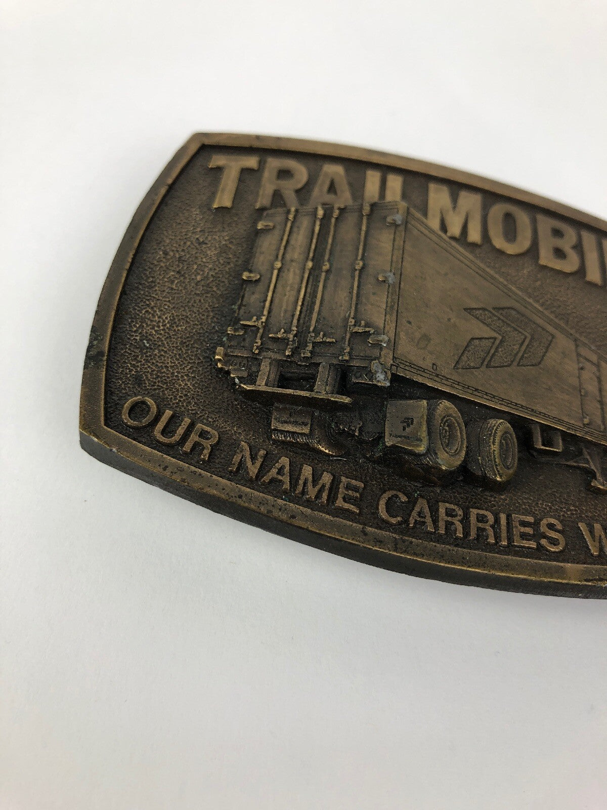 1970's Trailmobile Our Name Carries Weight 3D Brass Belt Buckle Semi Truck