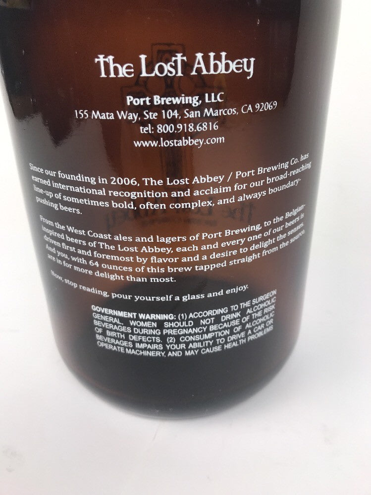 The Lost Abbey Brewing San Marcos 64 oz amber glass beer growler with cap.